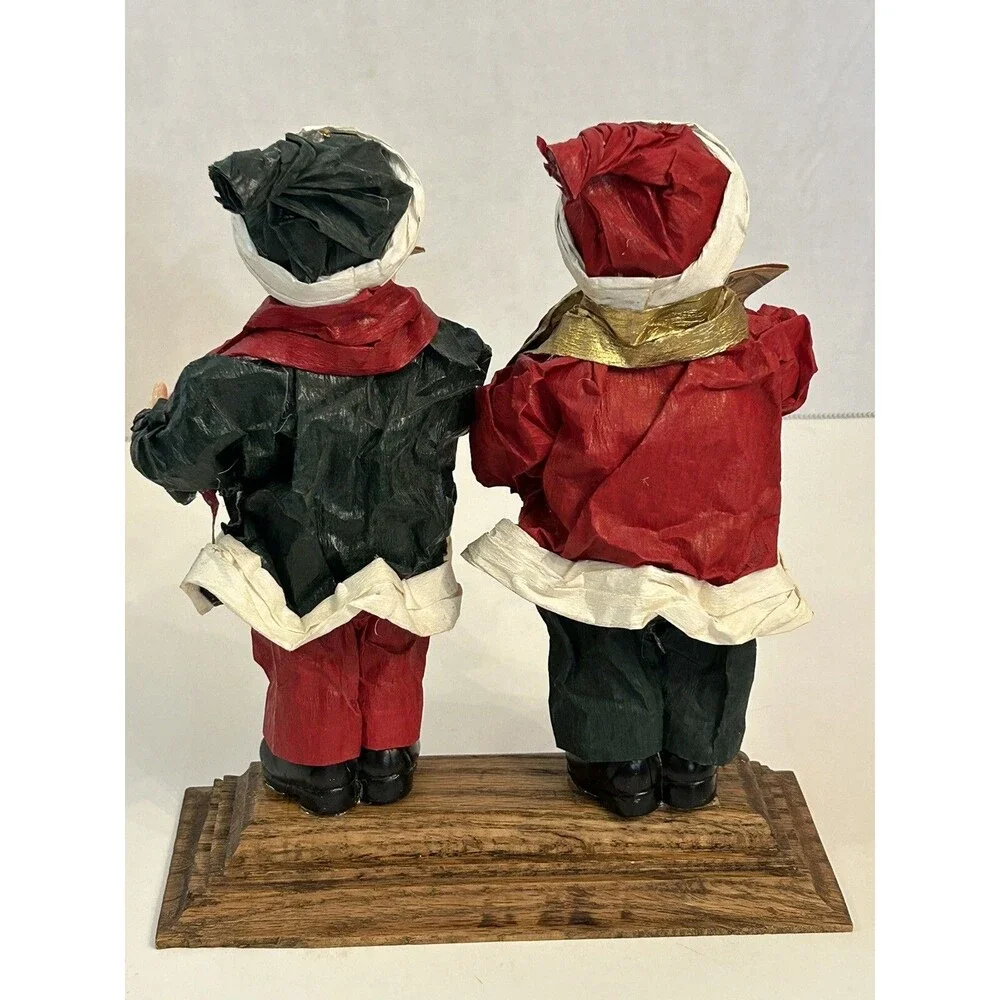 Vintage Paper Mâché Choir Boys Wood Base Christmas Decor Holiday Music Red Green